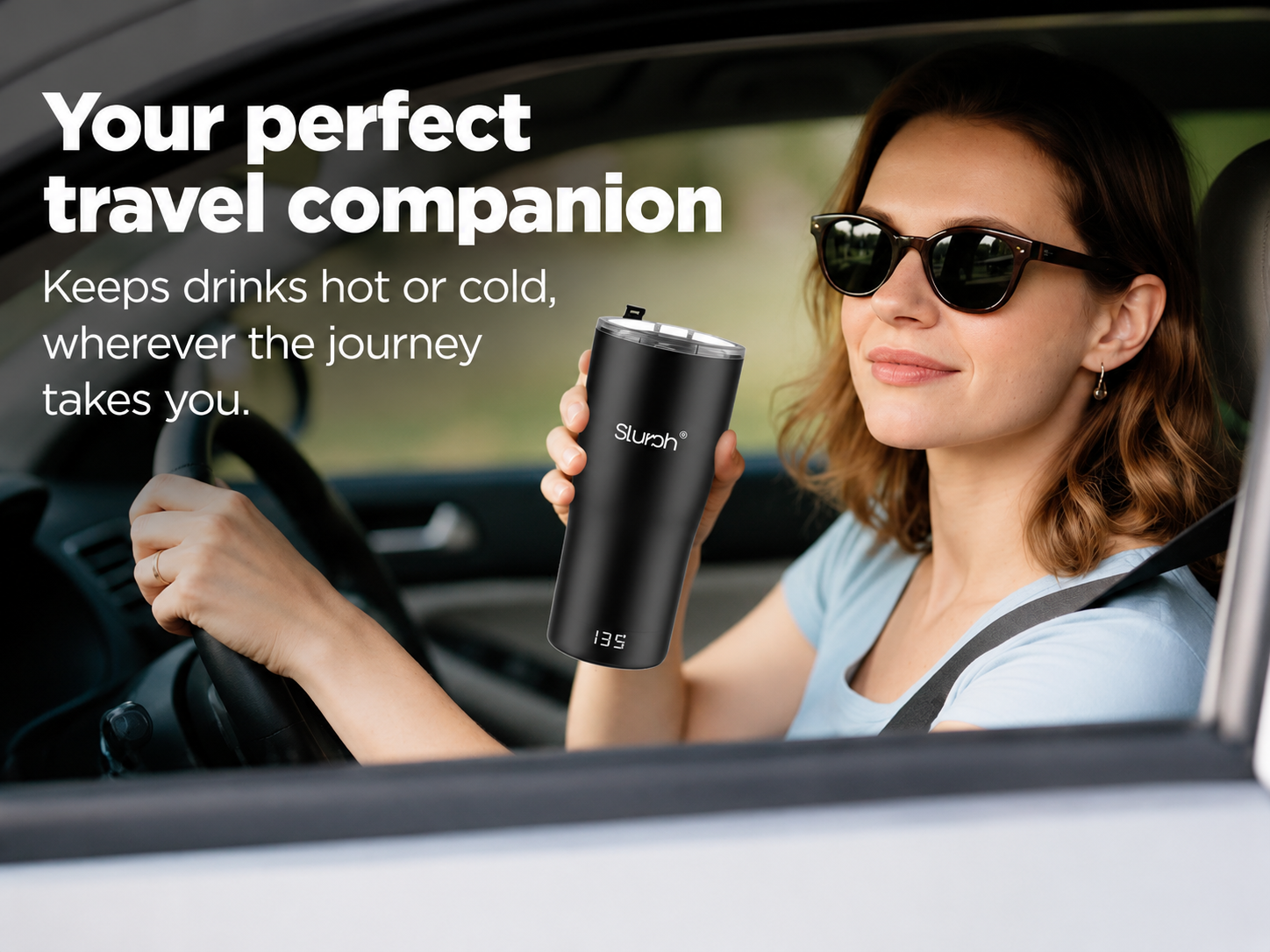 Smart Temperature Control Tumbler as a travel companion in a car