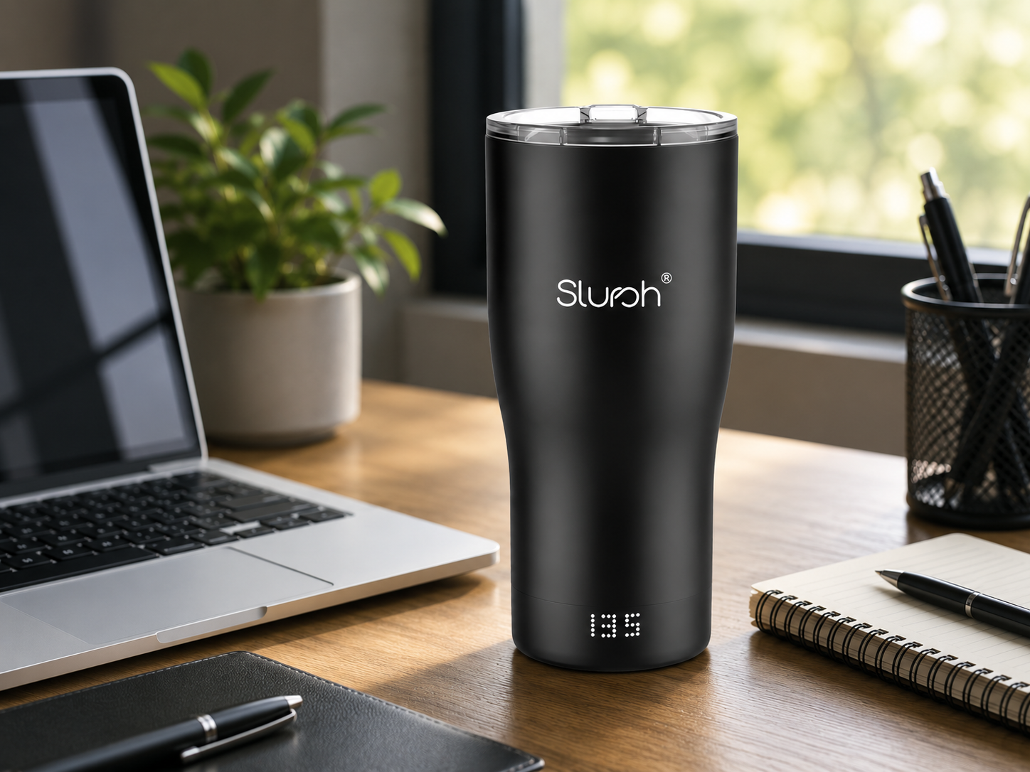 Smart Temperature Control Tumbler beside a laptop on a work desk