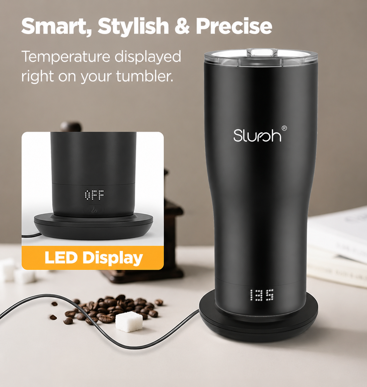 Smart Temperature Control Tumbler with LED display on its charging base