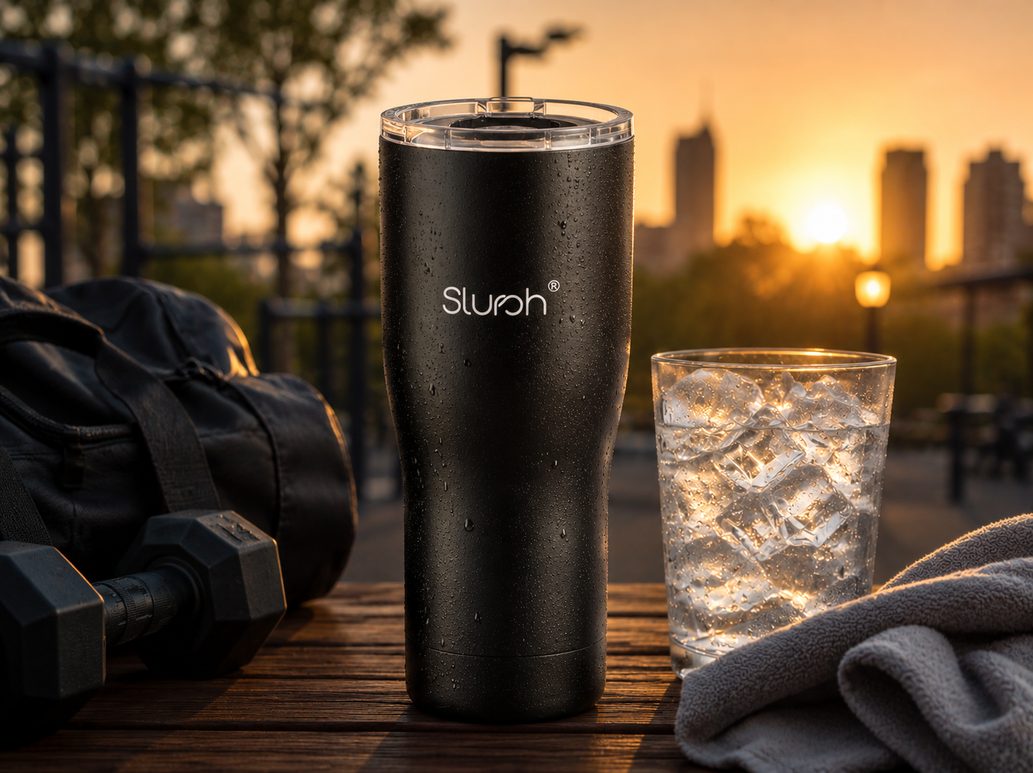 Smart Temperature Control Tumbler on a wooden bench at sunset