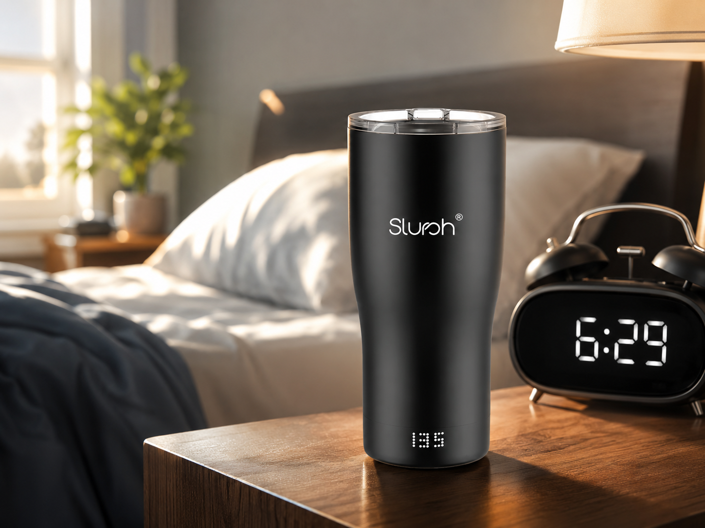 Smart Temperature Control Tumbler on a bedside table in the morning